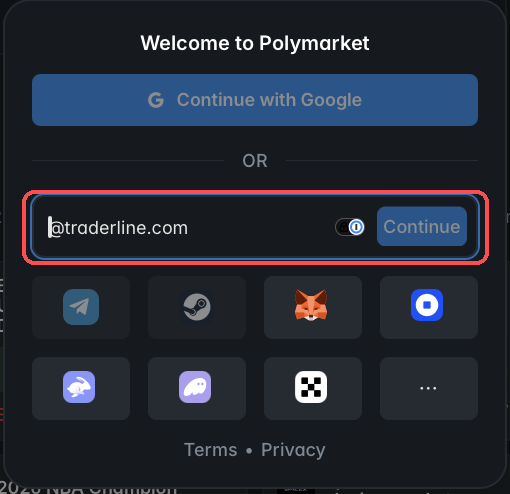 Welcome to Polymarket window with the email field highlighted