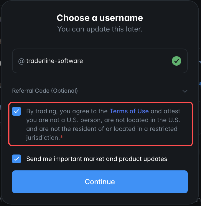Choose a username window with the Terms of Use checkbox highlighted