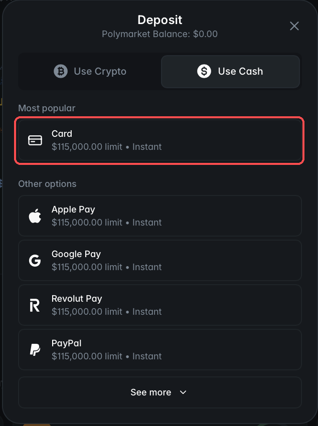 Deposit window on the Use Cash tab with the Card option highlighted