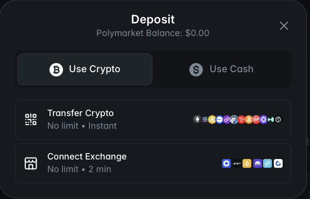 Deposit window on the Use Crypto tab showing Transfer Crypto and Connect Exchange