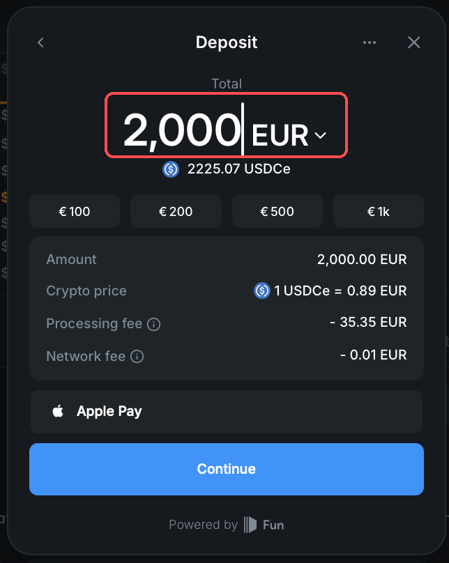 Deposit window with the amount field highlighted, showing the conversion to USDCe and the fees
