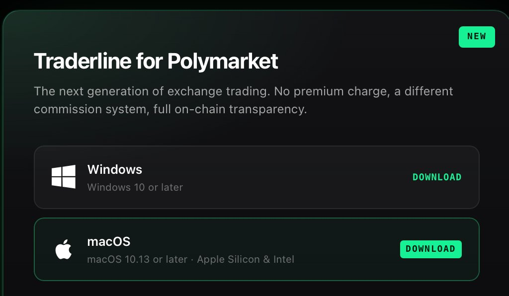 Traderline for Polymarket download page with Windows and macOS options