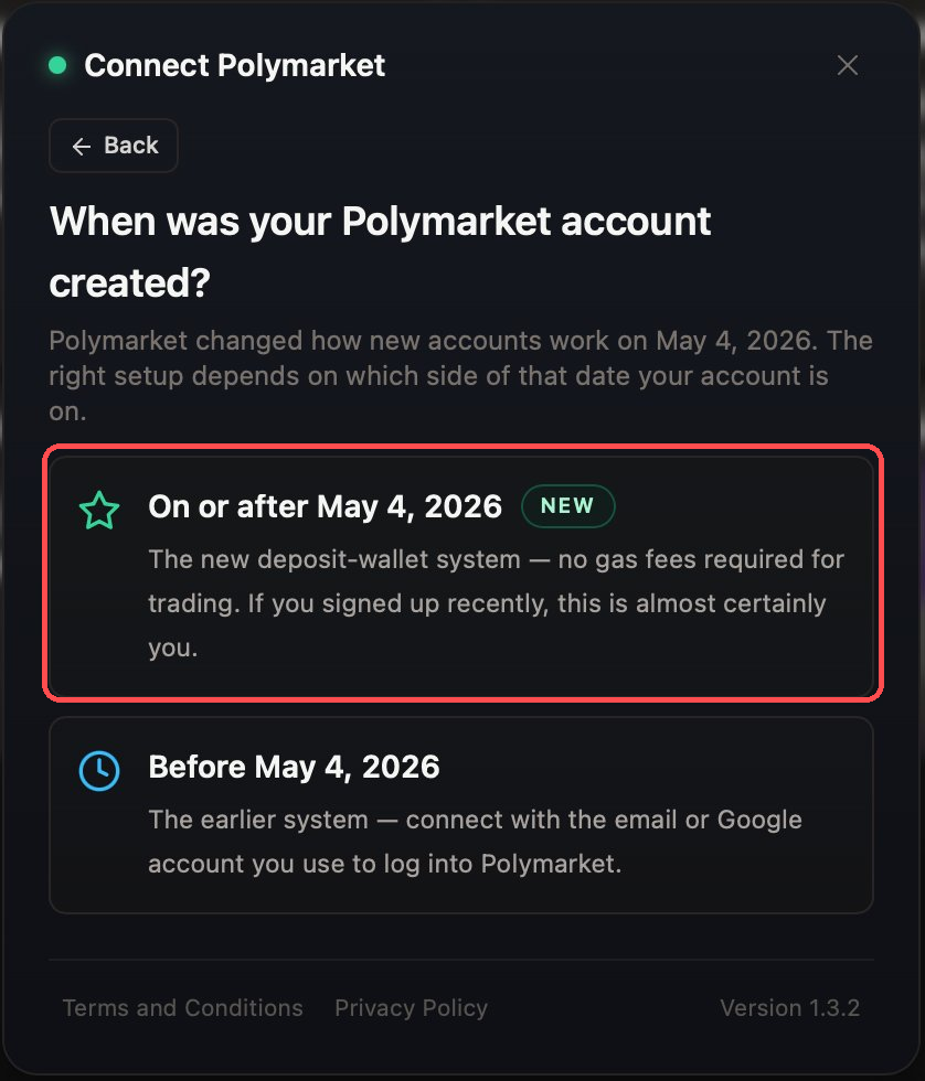 Connect Polymarket window asking when the account was created, first option highlighted