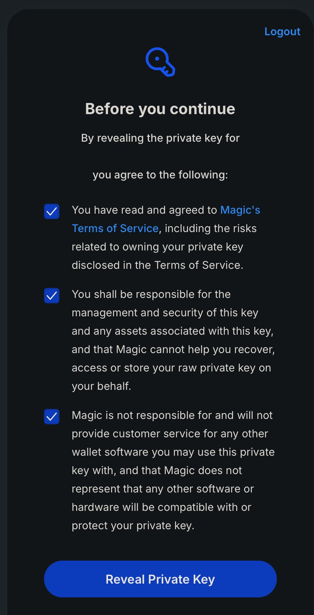 Magic page with three agreement checkboxes and the Reveal Private Key button