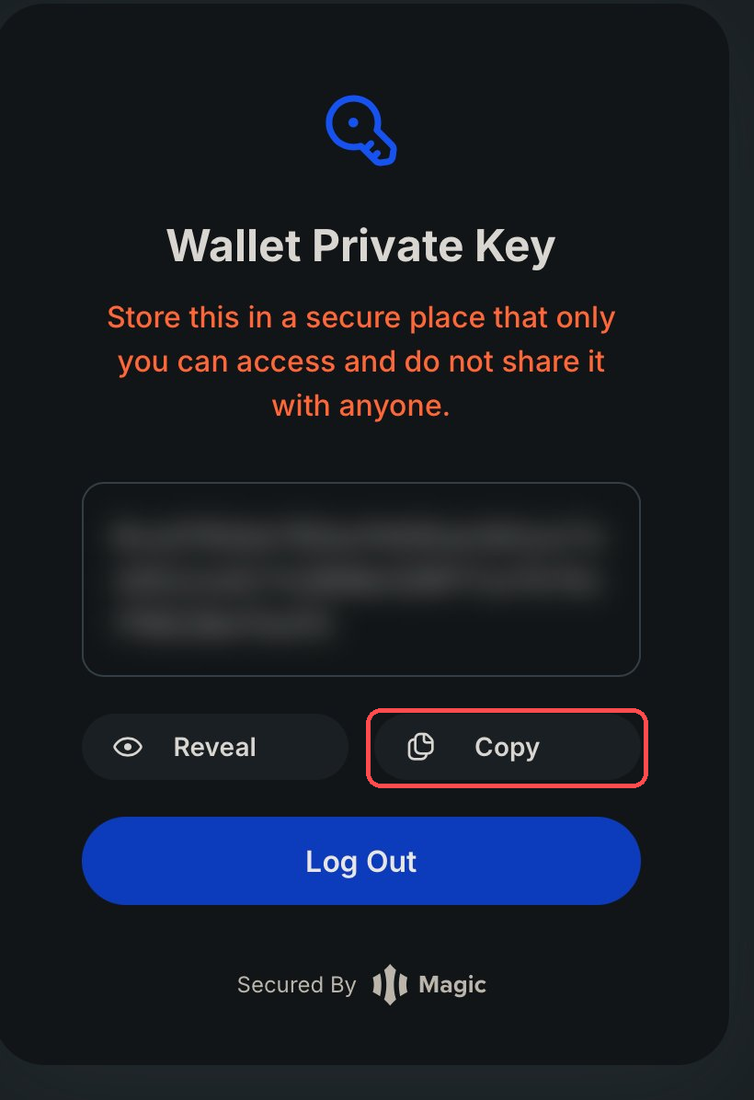 Magic Wallet Private Key page with the Copy button highlighted
