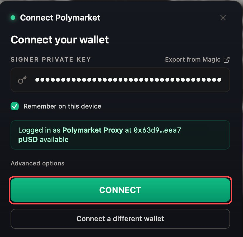 Key pasted into the Signer Private Key field, account recognized, CONNECT button highlighted